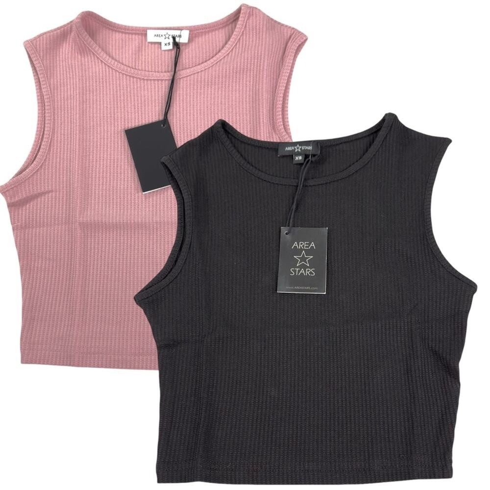 AREA STARS CROP WAFFLE TANK Lot Of 2 Mauve‎ Black High Neck Layering Size XS NEW